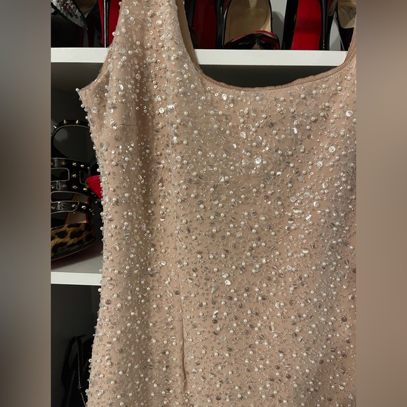 Cream Midi Bodycon Dress with Ribbed Texture and Scoop Neck for Cocktail - Picture 2 of 5